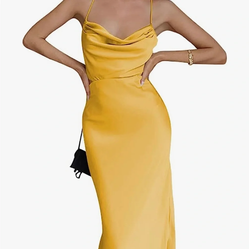 Mustard yellow silk midi dress